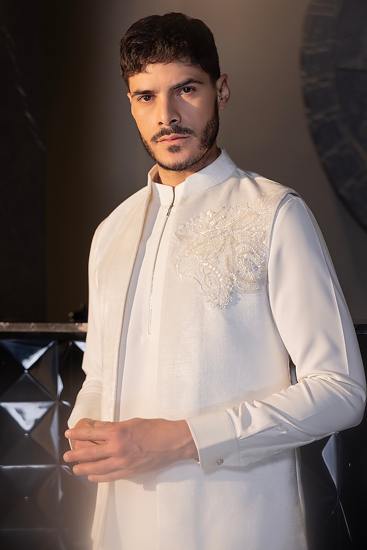 Ivory Poly Knit Hand Embroidered Waistcoat Set by AMIT ARORA at Pernia's Pop Up Shop
