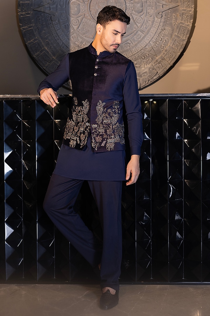 Navy Blue Poly Knit Hand Embroidered Waistcoat Set by AMIT ARORA