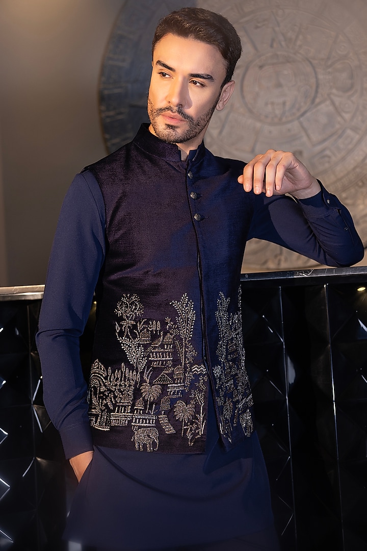 Navy Blue Poly Knit Hand Embroidered Waistcoat Set by AMIT ARORA at Pernia's Pop Up Shop