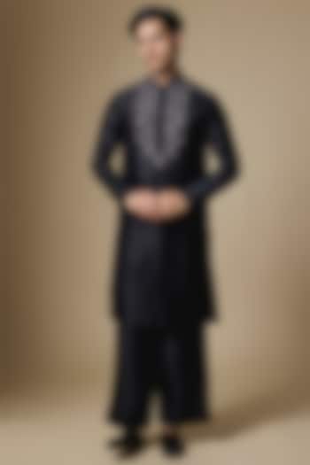 Black Linen Silk Kurta Set by AMIT ARORA at Pernia's Pop Up Shop