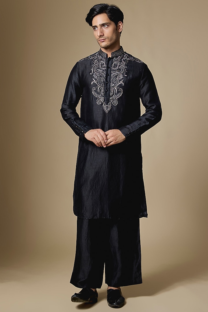 Black Linen Silk Kurta Set by AMIT ARORA at Pernia's Pop Up Shop