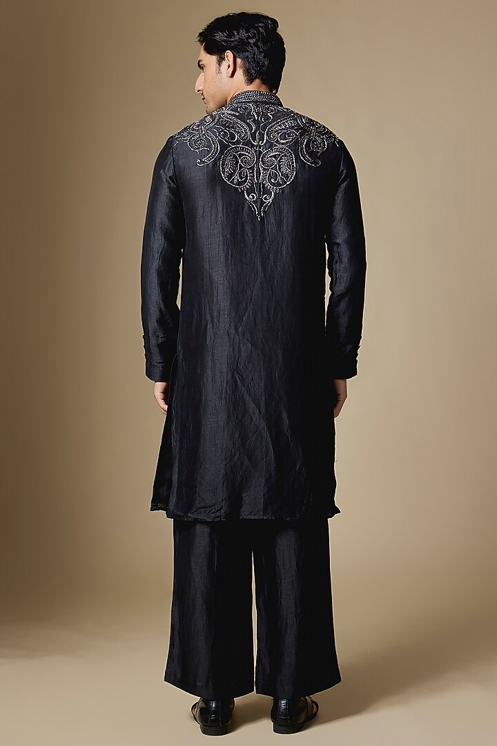 Black Linen Silk Kurta Set by AMIT ARORA at Pernia's Pop Up Shop