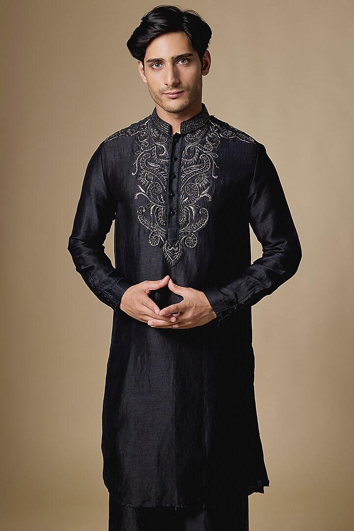 Black Linen Silk Kurta Set by AMIT ARORA at Pernia's Pop Up Shop