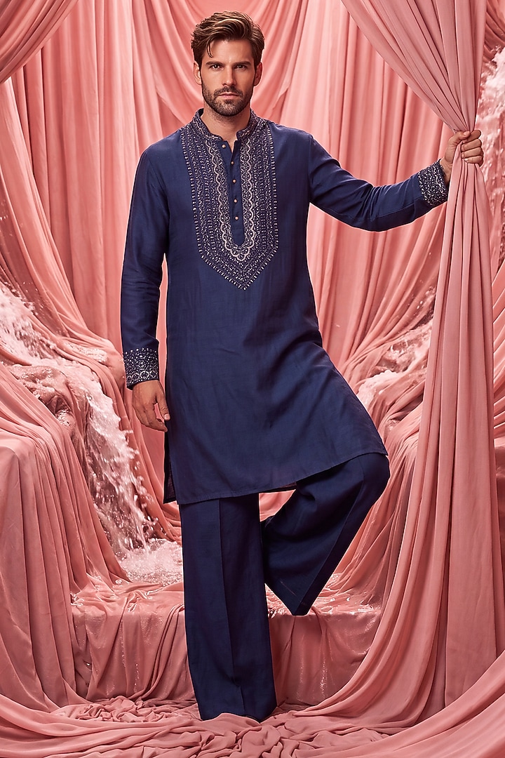 Dark Blue Chanderi Silk Embroidered Kurta Set by AMIT ARORA at Pernia's Pop Up Shop