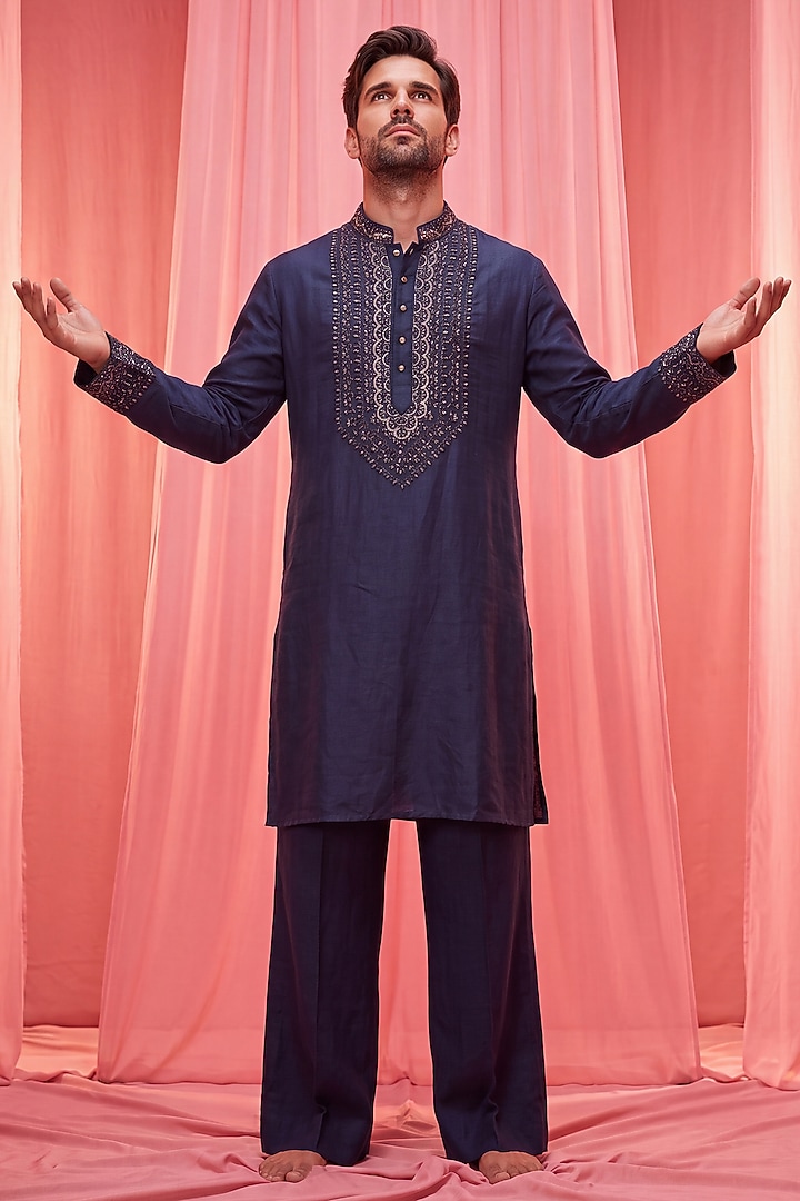 Dark Blue Chanderi Silk Embroidered Kurta Set by AMIT ARORA at Pernia's Pop Up Shop