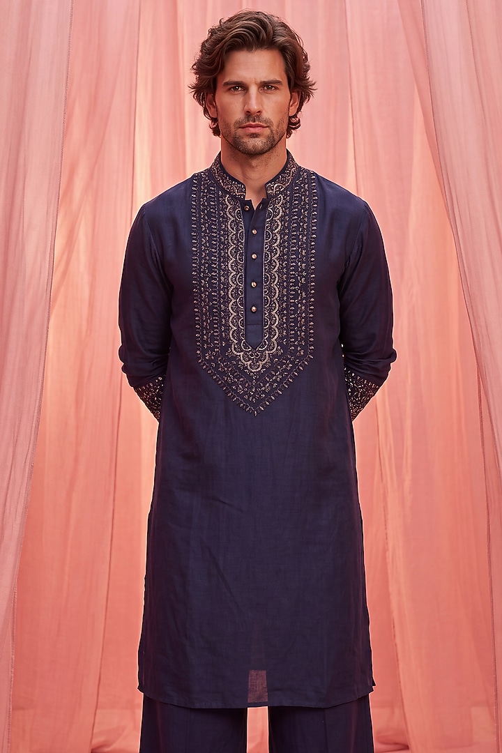 Dark Blue Chanderi Silk Embroidered Kurta Set by AMIT ARORA at Pernia's Pop Up Shop