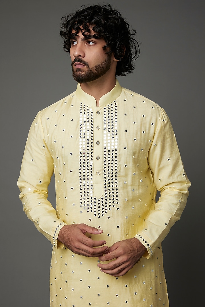 Lemon Yellow Moonga Silk Kurta Set by AMIT ARORA at Pernia's Pop Up Shop