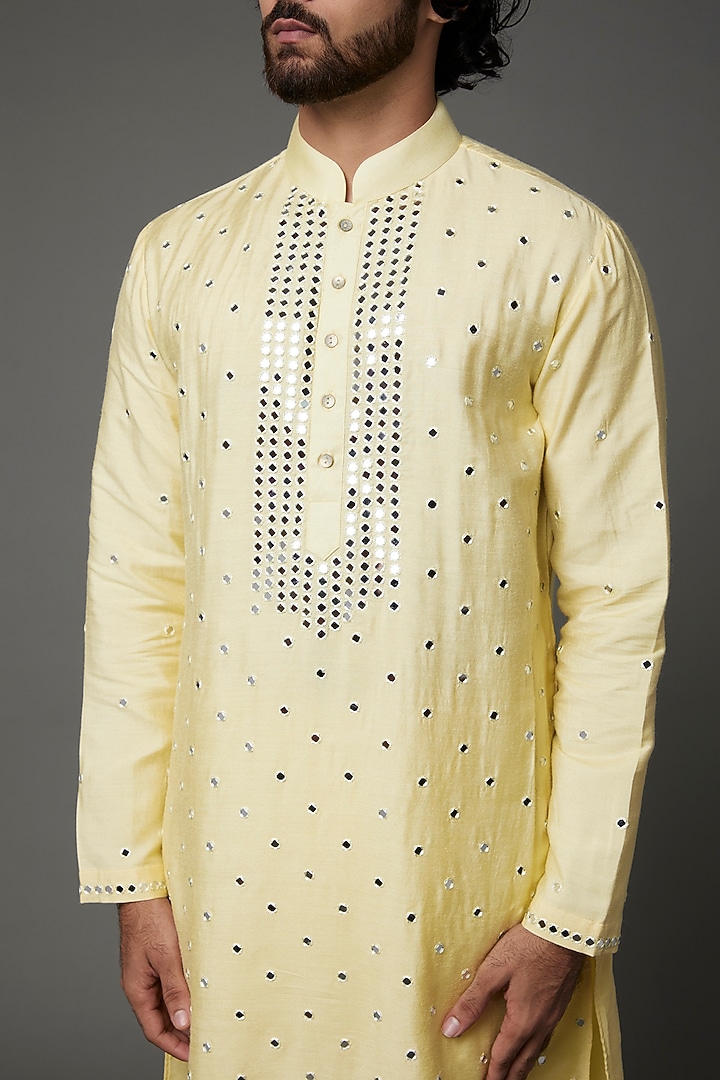 Lemon Yellow Moonga Silk Kurta Set by AMIT ARORA at Pernia's Pop Up Shop