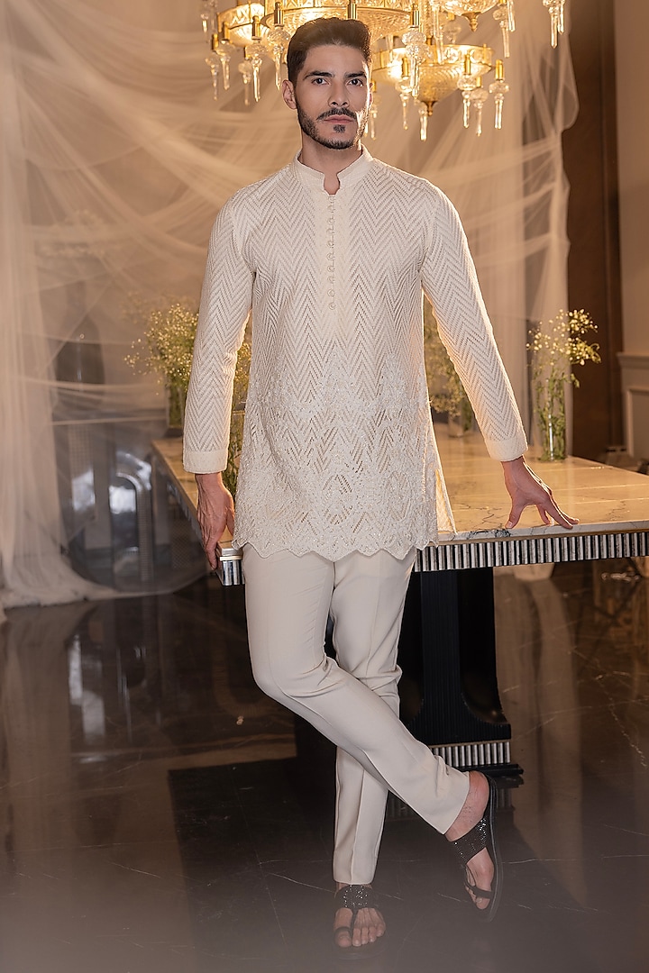 Cream Crochet Hand Embroidered Short Kurta Set by AMIT ARORA at Pernia's Pop Up Shop