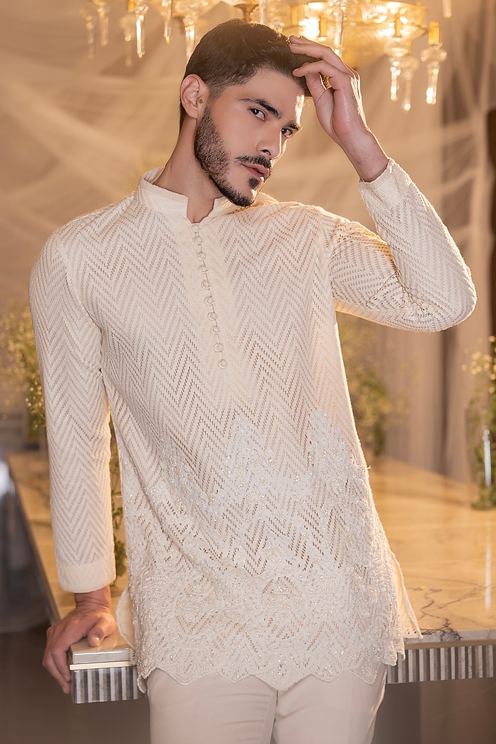Cream Crochet Hand Embroidered Short Kurta Set by AMIT ARORA at Pernia's Pop Up Shop