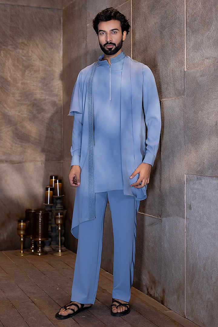 Sky Blue Poly Knit Hand Embroidered Kurta Set by AMIT ARORA