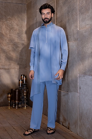 Sky Blue Poly Knit Hand Embroidered Kurta Set by AMIT ARORA