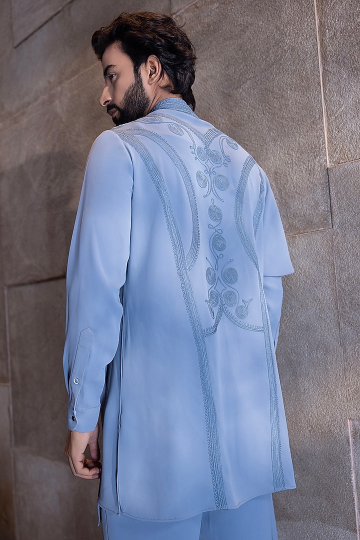 Sky Blue Poly Knit Hand Embroidered Kurta Set by AMIT ARORA at Pernia's Pop Up Shop