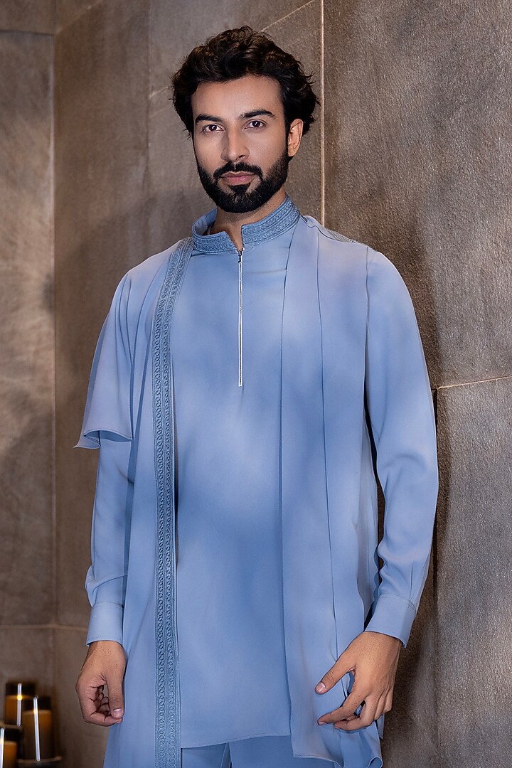 Sky Blue Poly Knit Hand Embroidered Kurta Set by AMIT ARORA at Pernia's Pop Up Shop