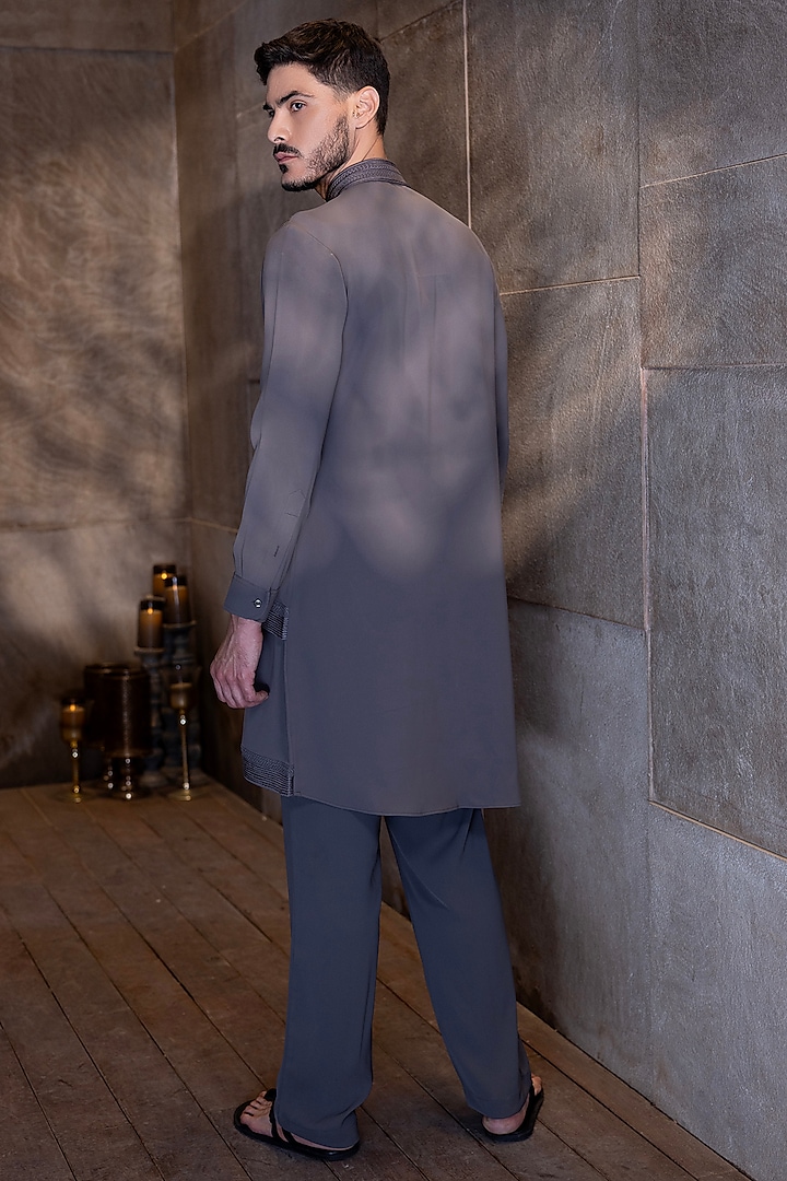 Mouse-Colored Poly Knit Hand Embroidered Asymmetric Kurta Set by AMIT ARORA at Pernia's Pop Up Shop