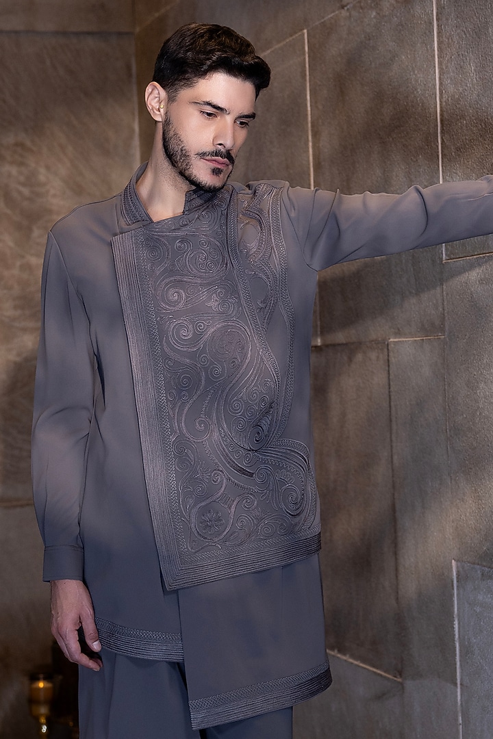 Mouse-Colored Poly Knit Hand Embroidered Asymmetric Kurta Set by AMIT ARORA at Pernia's Pop Up Shop