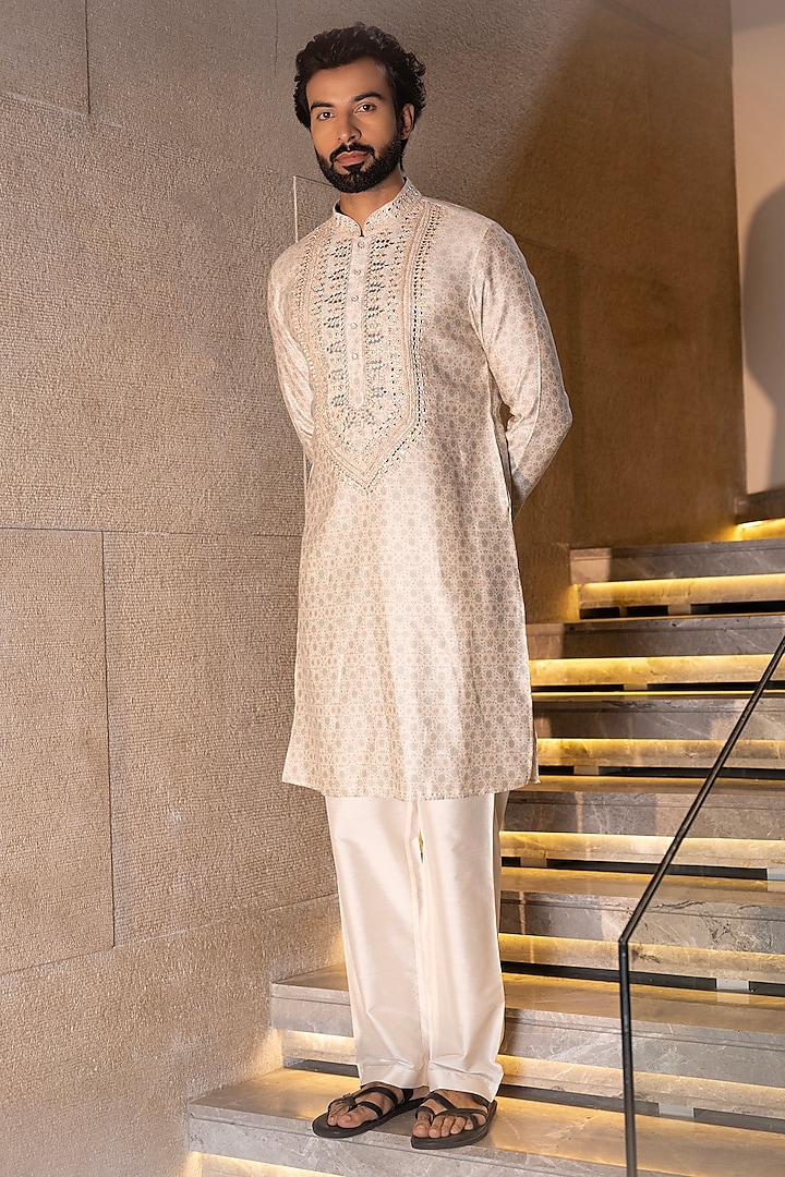 Cream Banarasi Silk Floral Digital Printed & Mirror Work Kurta Set by AMIT ARORA at Pernia's Pop Up Shop