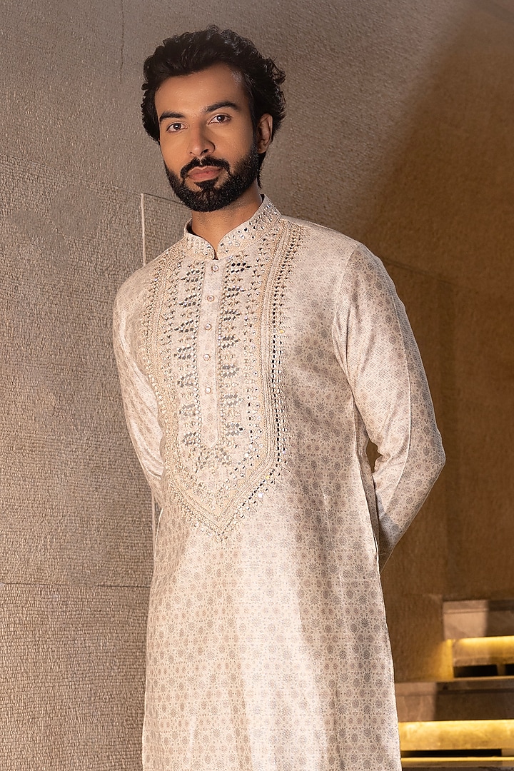 Cream Banarasi Silk Floral Digital Printed & Mirror Work Kurta Set by AMIT ARORA at Pernia's Pop Up Shop