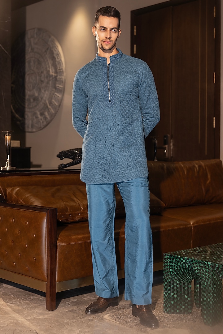 Turquoise Crochet Hand Embroidered Kurta Set by AMIT ARORA at Pernia's Pop Up Shop