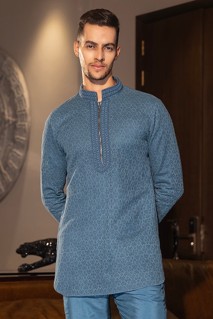 Turquoise Crochet Hand Embroidered Kurta Set by AMIT ARORA at Pernia's Pop Up Shop