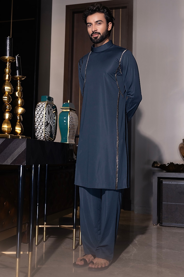 Bottle Green Poly Knit Hand Embroidered Kurta Set by AMIT ARORA