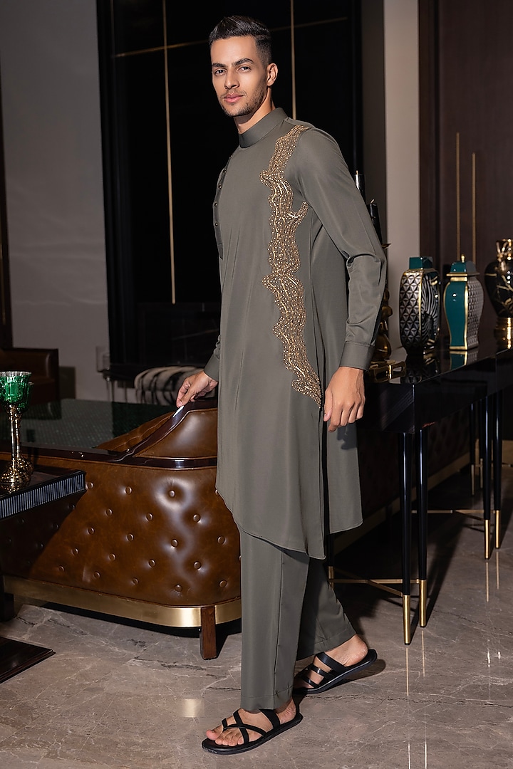 Olive Green Poly Knit Hand Embroidered Kurta Set by AMIT ARORA