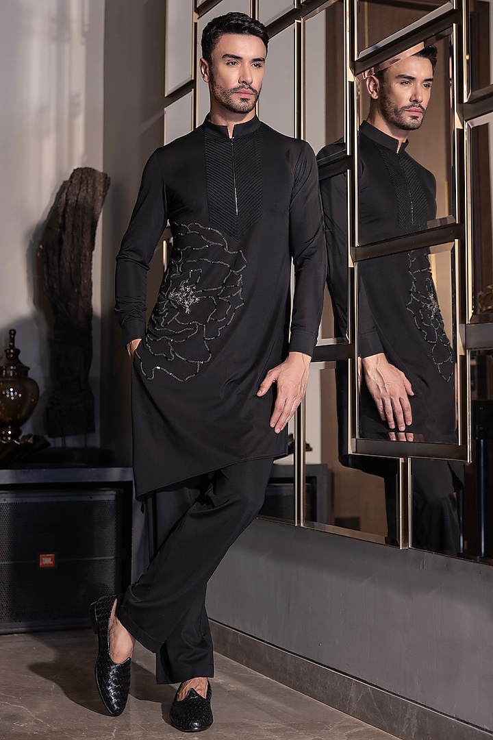 Black Poly Knit Hand Embroidered Kurta Set by AMIT ARORA at Pernia's Pop Up Shop