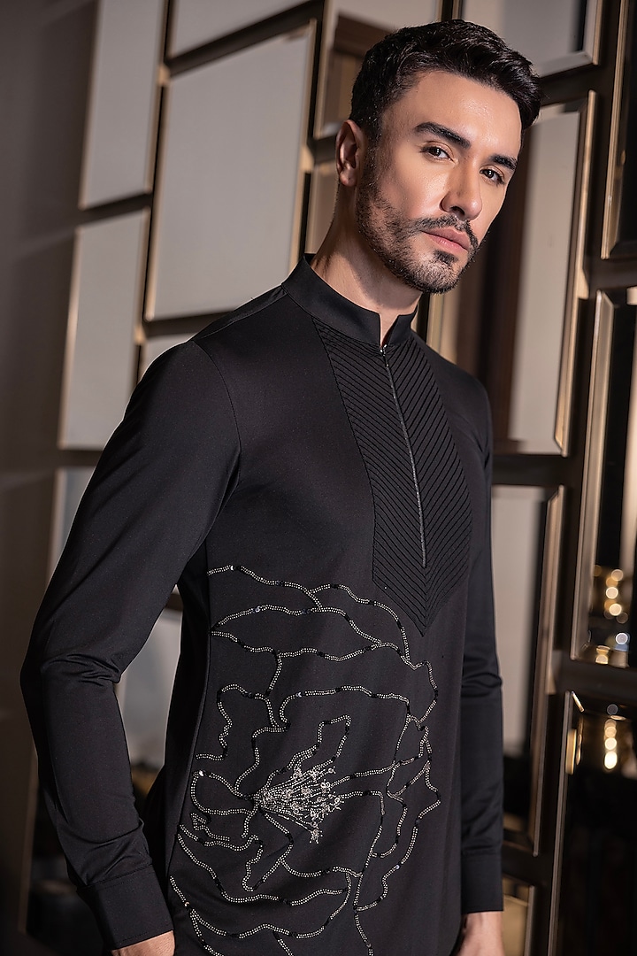 Black Poly Knit Hand Embroidered Kurta Set by AMIT ARORA at Pernia's Pop Up Shop