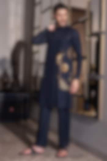 Navy Blue Poly Knit Hand Embroidered Kurta Set by AMIT ARORA at Pernia's Pop Up Shop