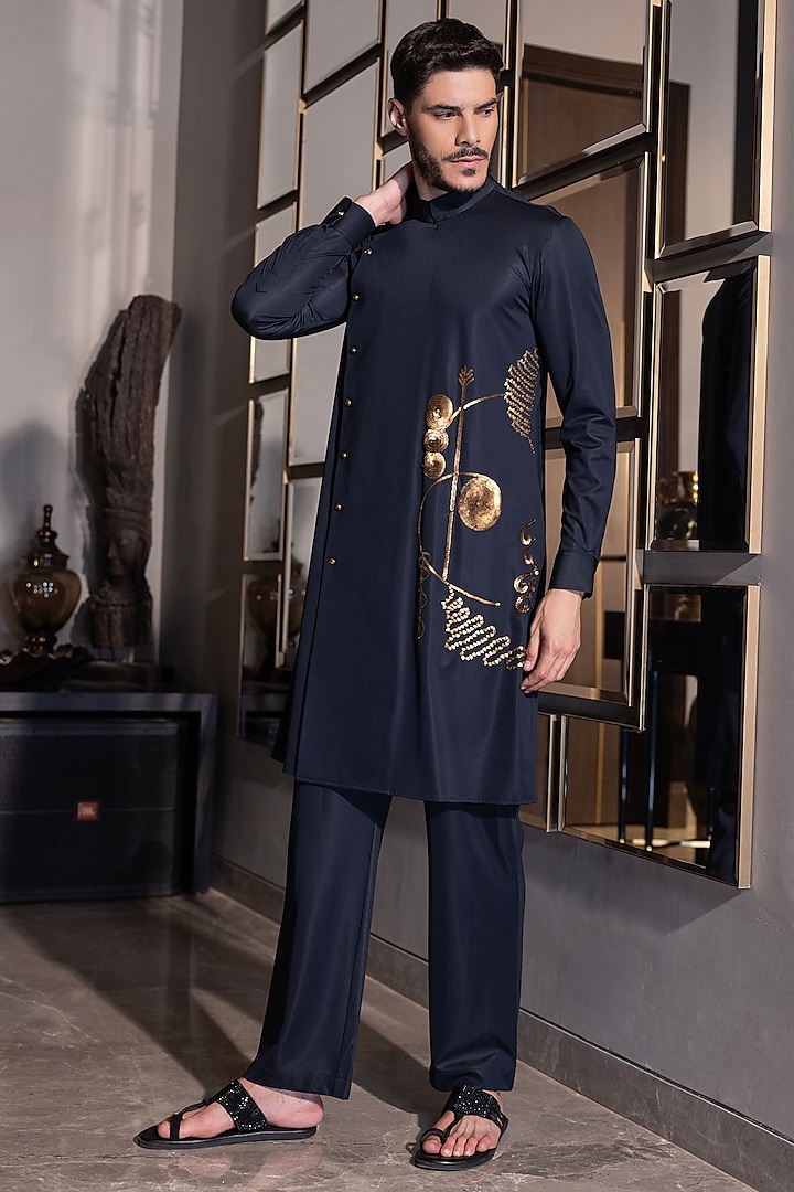 Navy Blue Poly Knit Hand Embroidered Kurta Set by AMIT ARORA at Pernia's Pop Up Shop
