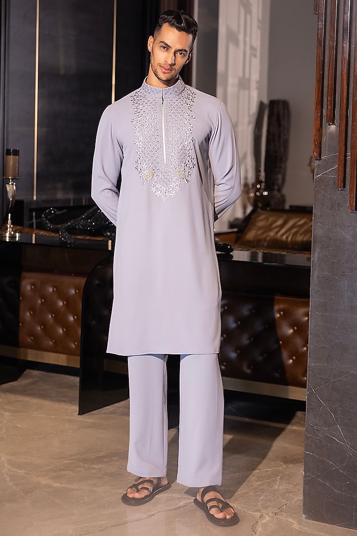 Lilac Poly Knit Hand Embroidered Kurta Set by AMIT ARORA