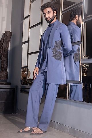 Purple Poly Knit Hand Embroidered Kurta Set by AMIT ARORA