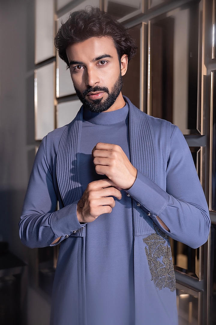 Purple Poly Knit Hand Embroidered Kurta Set by AMIT ARORA at Pernia's Pop Up Shop