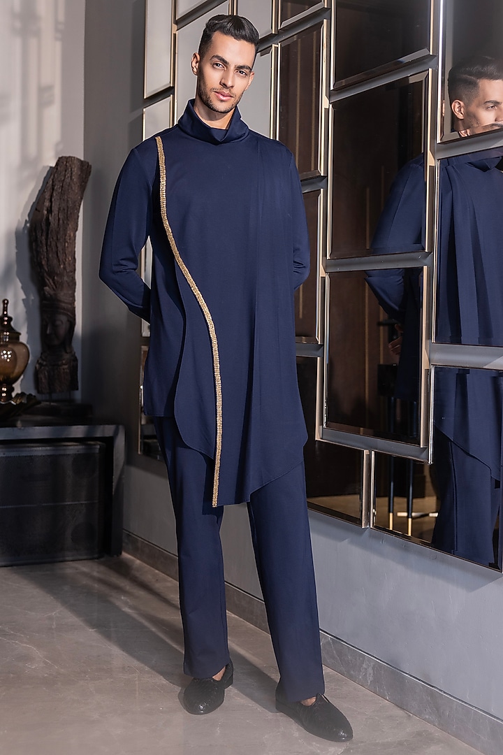 Navy Blue Poly Knit Hand Embroidered Kurta Set by AMIT ARORA at Pernia's Pop Up Shop