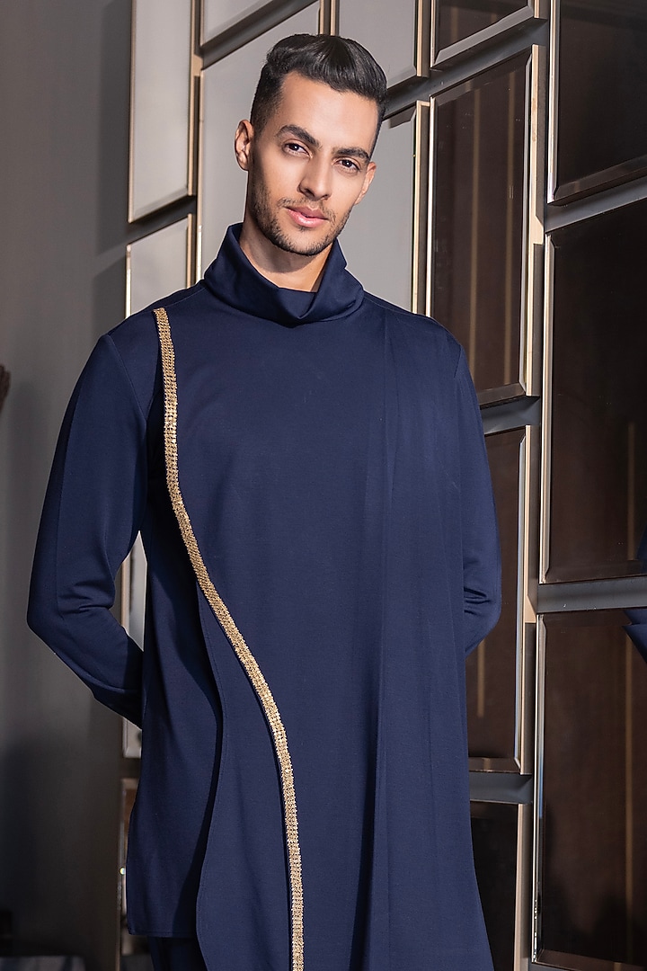 Navy Blue Poly Knit Hand Embroidered Kurta Set by AMIT ARORA at Pernia's Pop Up Shop
