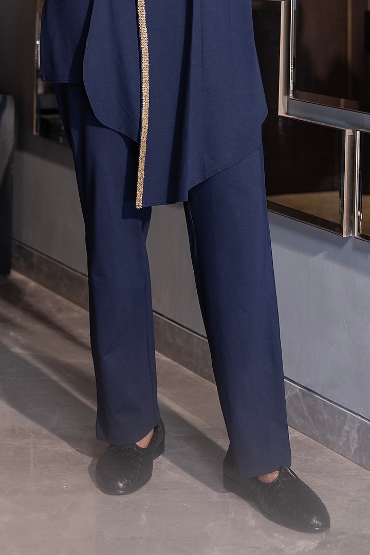 Navy Blue Poly Knit Hand Embroidered Kurta Set by AMIT ARORA at Pernia's Pop Up Shop