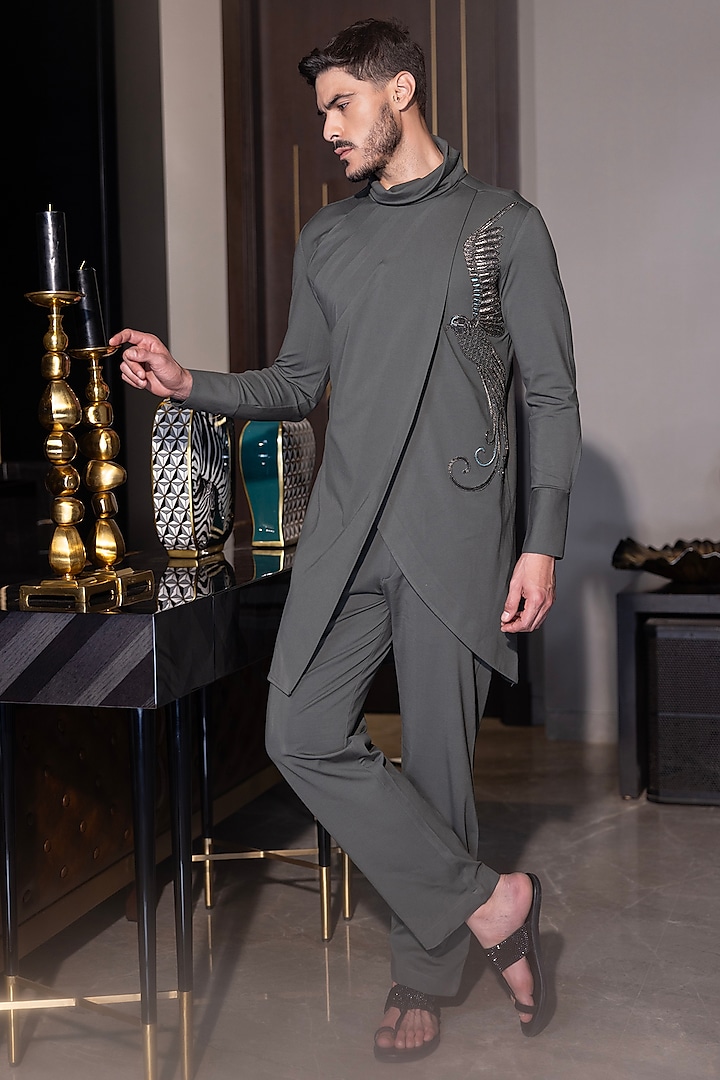 Olive Green Poly Knit Hand Embroidered Kurta Set by AMIT ARORA