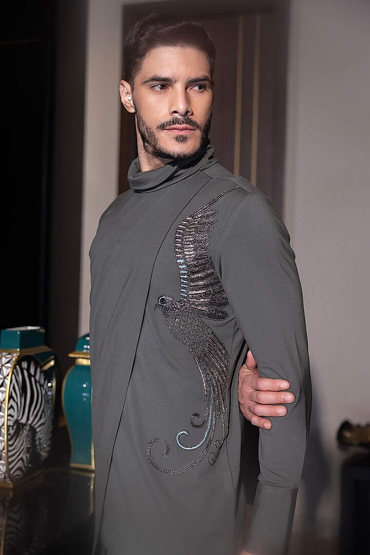 Olive Green Poly Knit Hand Embroidered Kurta Set by AMIT ARORA at Pernia's Pop Up Shop