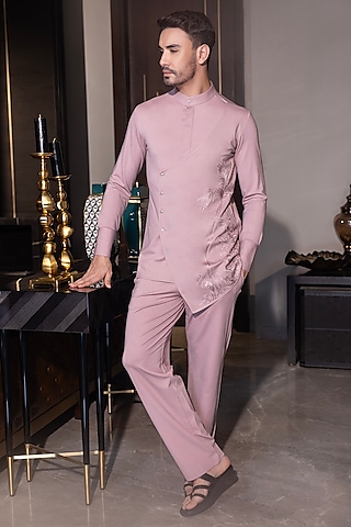 Pink Poly Knit Hand Embroidered Kurta Set by AMIT ARORA
