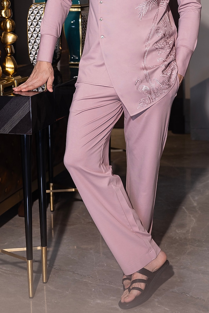 Pink Poly Knit Hand Embroidered Kurta Set by AMIT ARORA at Pernia's Pop Up Shop