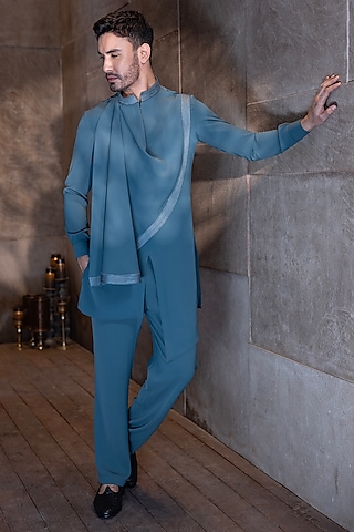 Turquoise Poly Knit Hand Embroidered Kurta Set by AMIT ARORA