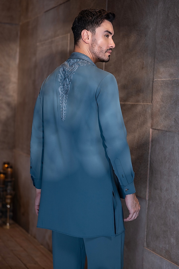 Turquoise Poly Knit Hand Embroidered Kurta Set by AMIT ARORA at Pernia's Pop Up Shop