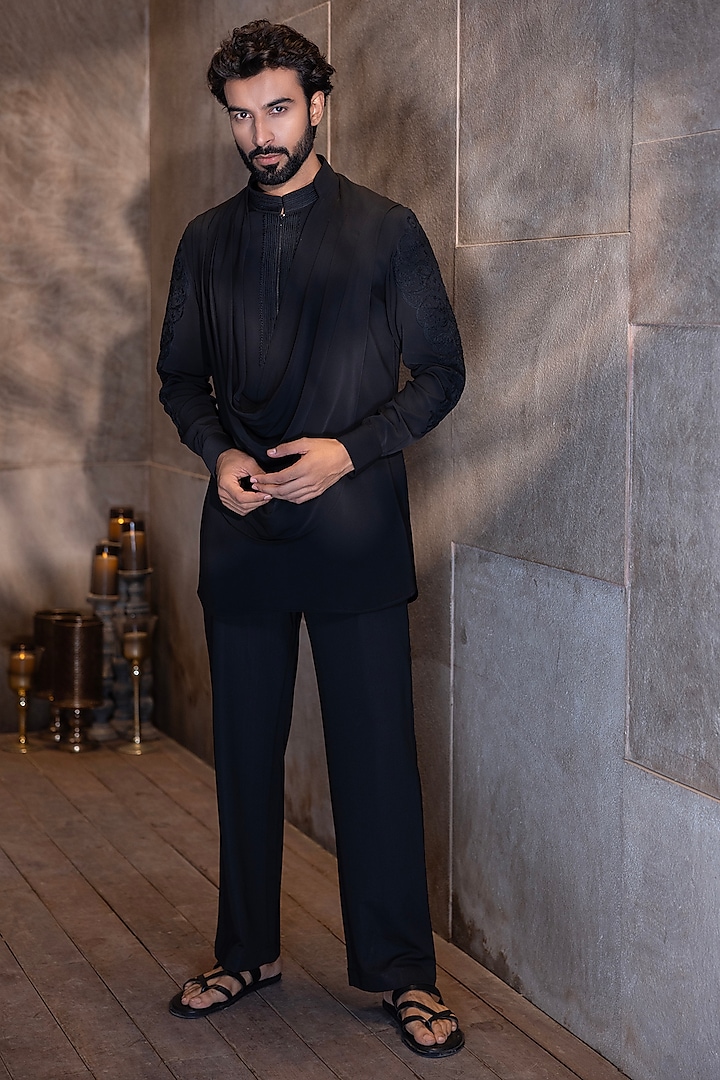 Black Poly Knit Hand Embroidered Kurta Set by AMIT ARORA at Pernia's Pop Up Shop