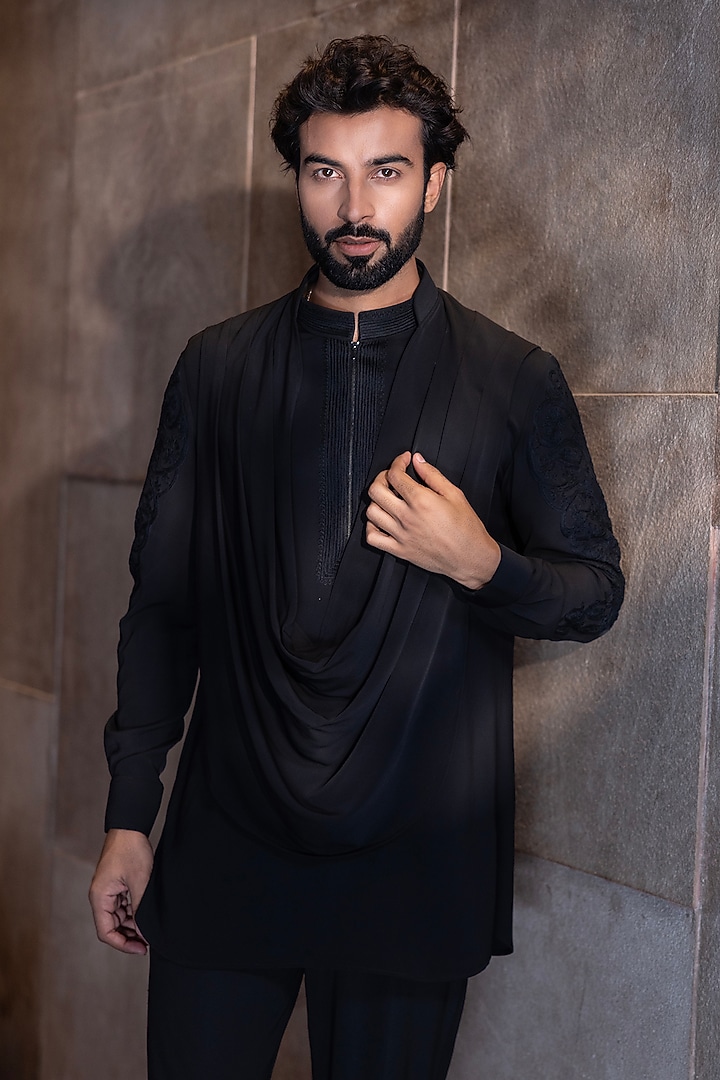 Black Poly Knit Hand Embroidered Kurta Set by AMIT ARORA at Pernia's Pop Up Shop