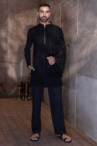 Black Knit Lycra Hand Embroidered Kurta Set by AMIT ARORA