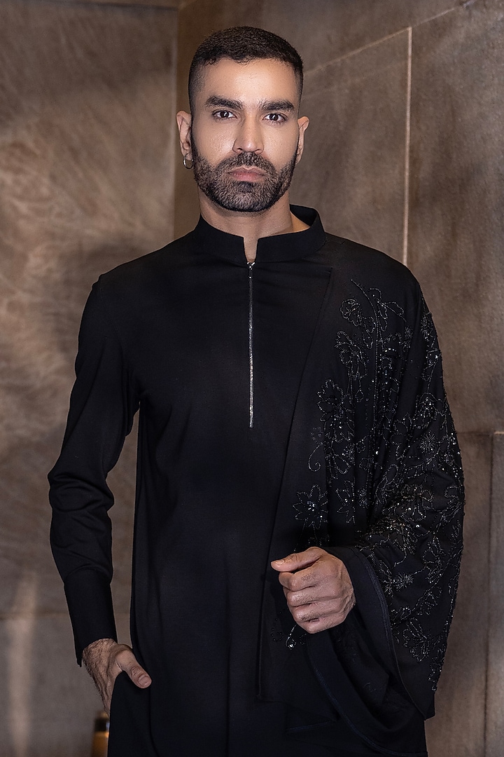 Black Knit Lycra Hand Embroidered Kurta Set by AMIT ARORA at Pernia's Pop Up Shop