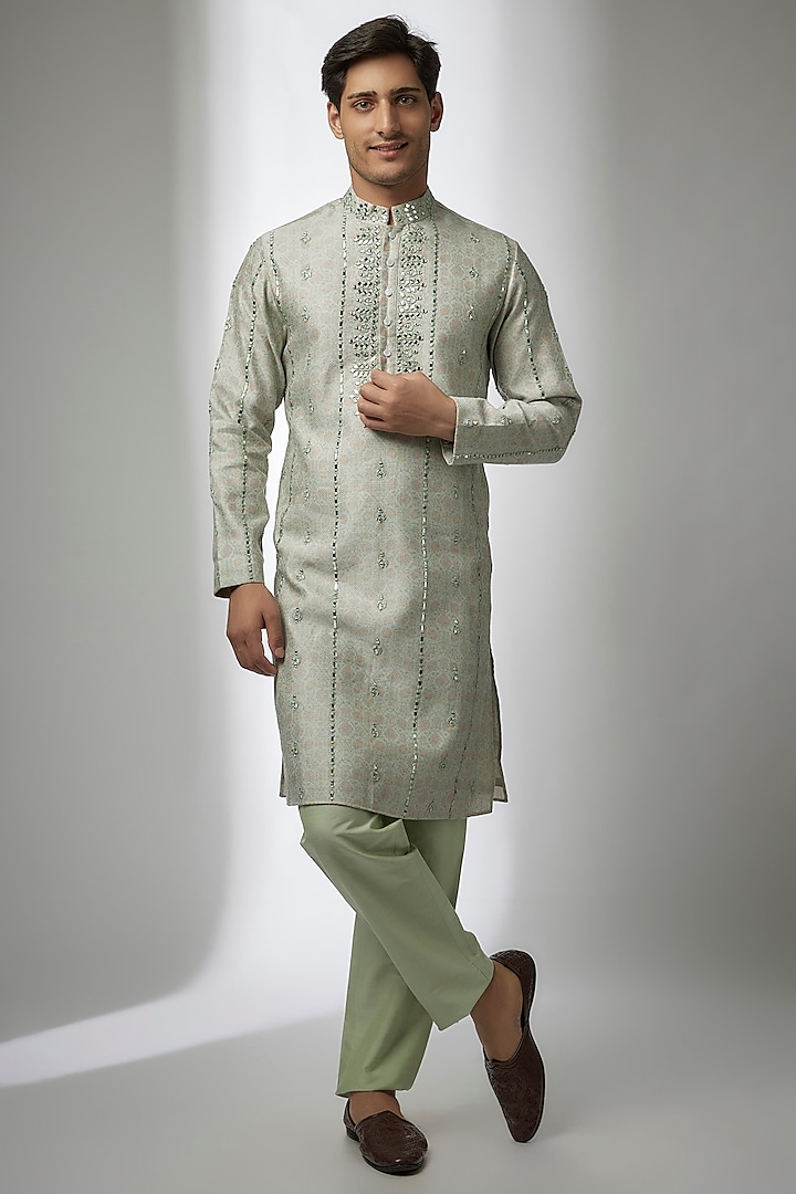 Mint Green Banarasi Silk Digital Printed & Mirror Work Kurta Set by AMIT ARORA