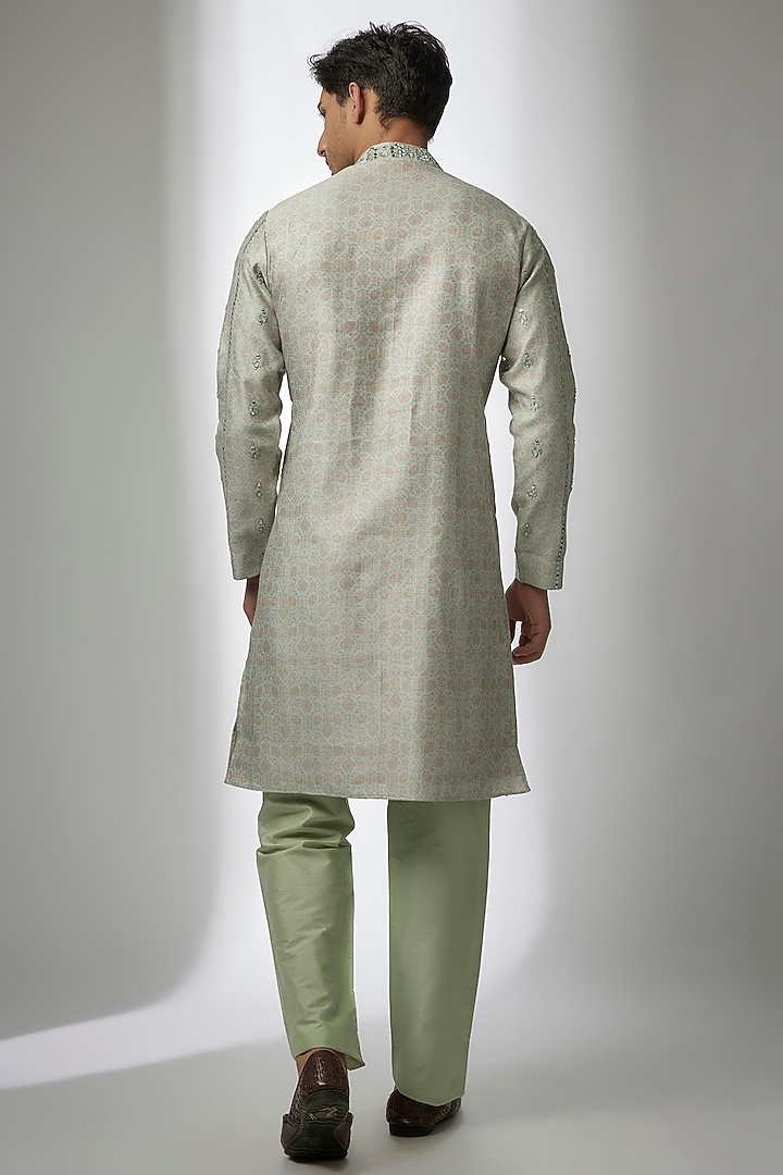 Mint Green Banarasi Silk Digital Printed & Mirror Work Kurta Set by AMIT ARORA at Pernia's Pop Up Shop
