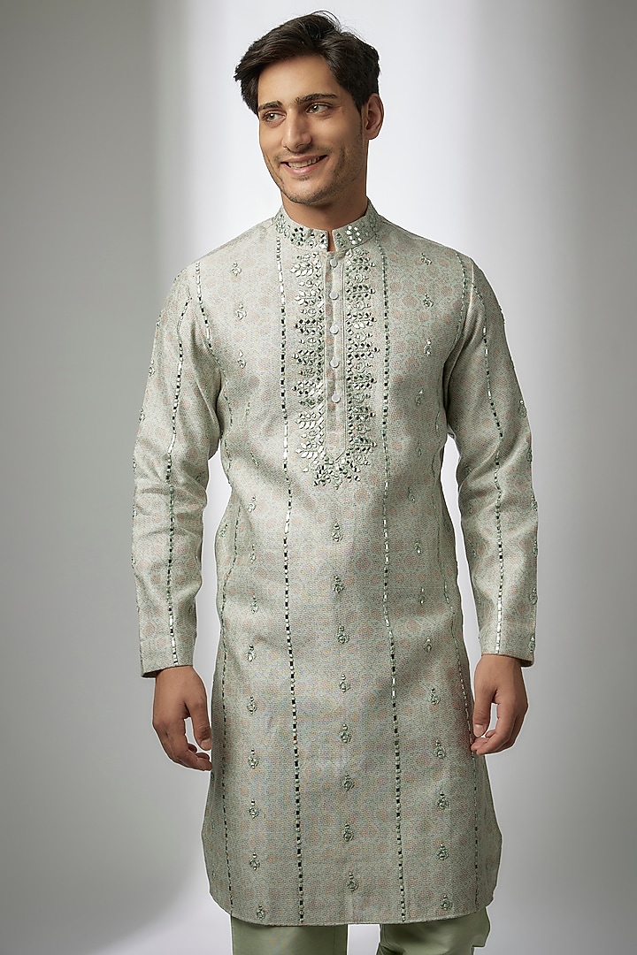 Mint Green Banarasi Silk Digital Printed & Mirror Work Kurta Set by AMIT ARORA at Pernia's Pop Up Shop