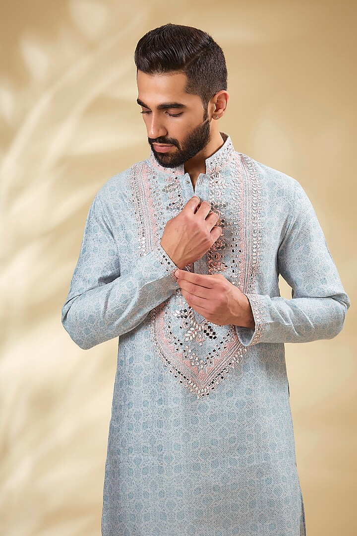 Sky Blue Banarasi Silk & Cotton Silk Digital Printed Kurta Set by AMIT ARORA at Pernia's Pop Up Shop